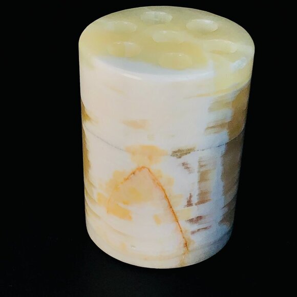 80s Cylindrical Natural Stone Pencil Holder Minimalist Onyx Desktop Organizer - Picture 3 of 10